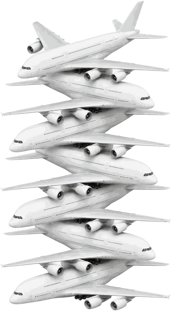 Seven Airbus A380 aircraft stacked on top of each other, size comparison for a 4,000 ton test load