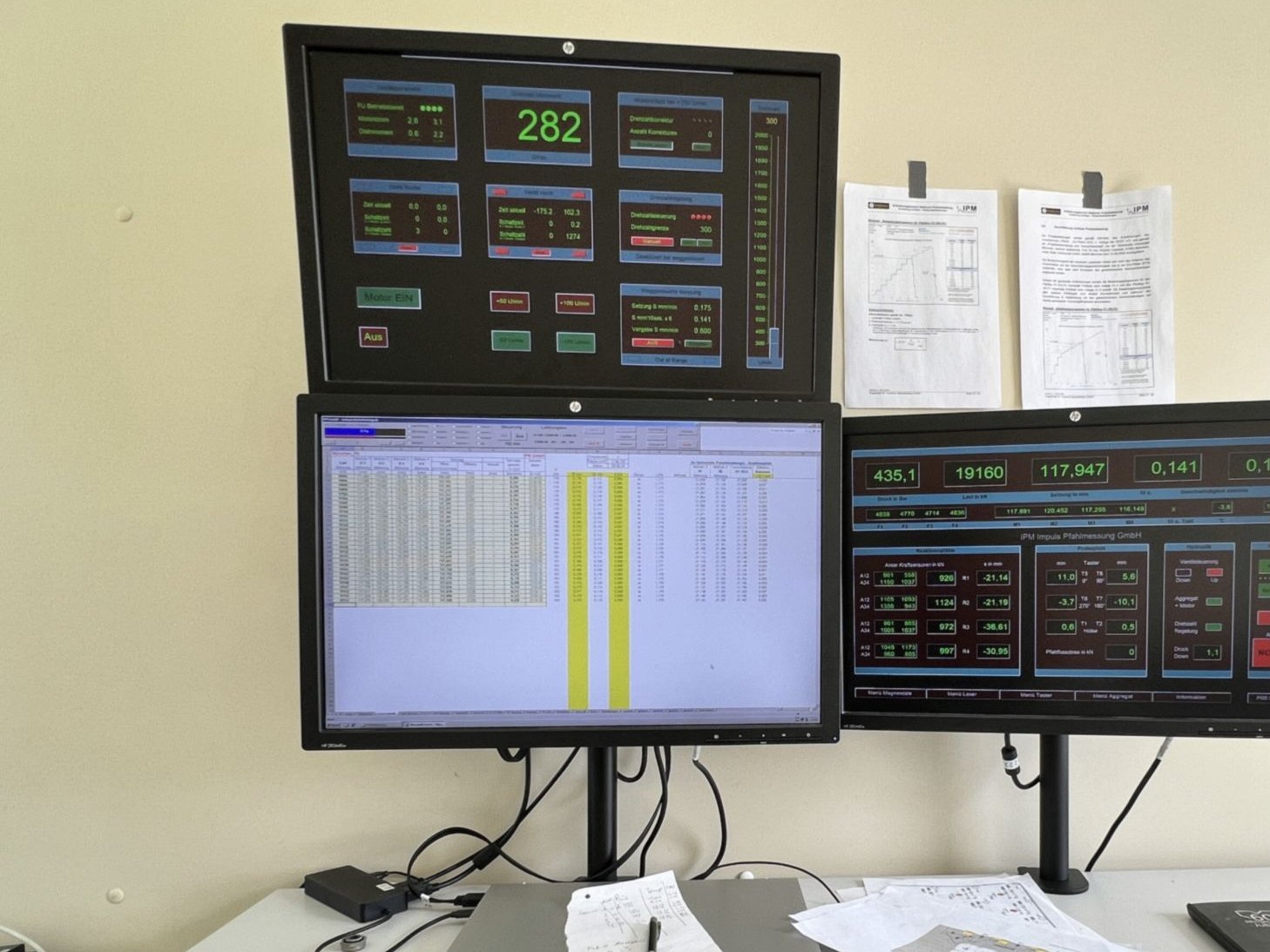 Measurement station with three monitors: power unit control, readings of all piles and all pile sensors